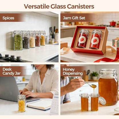 ComSaf Small Glass Spice Jars with Airtight Lids 4 oz 6 Pack with Labels | Seasoning herbs powders, Salt pepper chili, Spice rack cabinet organization, Small size, Funnel included, Party favors - size: 4oz*6