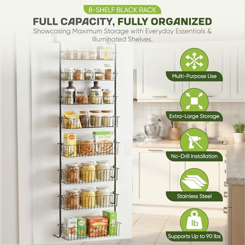 Over Door Organizer Storage - 6 Tier Black Metal Over the Door Pantry Organizer Heavy Duty Hanging Storage Rack, Behind Cabinet Shelves for Home, Kitchen, Bathroom, Closet, Pantry