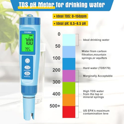 YINMIK Water pH Meter, Digital 4 in 1 pH Temp EC TDS Meter for Hydroponics, PH Conductivity PPM Tester with EC Calibration Liquid, Suit for Growing Nutrients,Reservoir Tank,DWC,Brewing,Pool, Aquarium