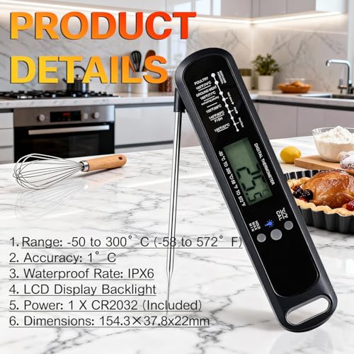 Meat Thermometer Digital with High Precision LED, IP67 Waterproof, Instant Read Food Thermometer for Air Fryer, Oven, BBQ & Kitchen