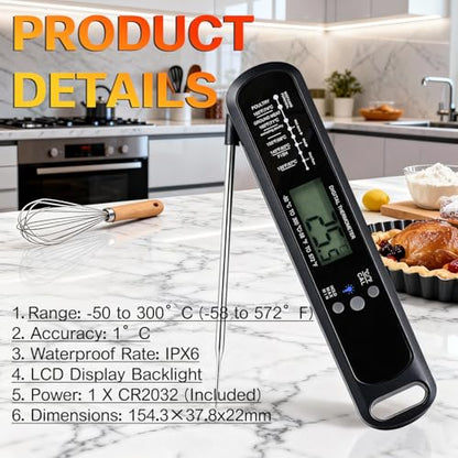Meat Thermometer Digital with High Precision LED, IP67 Waterproof, Instant Read Food Thermometer for Air Fryer, Oven, BBQ & Kitchen