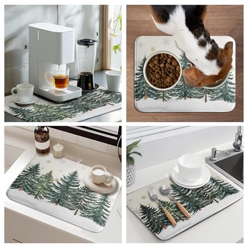 Winter Forest Dish Drying Mat Winter Snowflake Large Kitchen Mats Dish Drying Pad Christmas Tree Absorbent Dish Dryer Mat for Kitchen Countertops Microfiber Drainer Pad Dish Drying Mats (18x24 in)