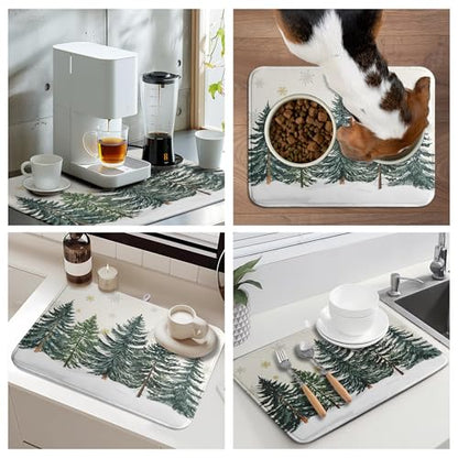 Winter Forest Dish Drying Mat Winter Snowflake Large Kitchen Mats Dish Drying Pad Christmas Tree Absorbent Dish Dryer Mat for Kitchen Countertops Microfiber Drainer Pad Dish Drying Mats (18x24 in)