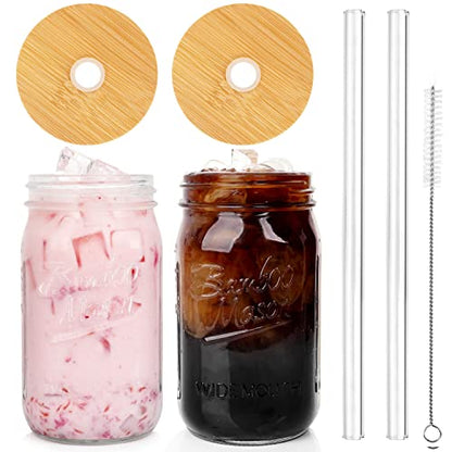 ANOTION Mason Jar with Lid and Straw, 32oz Wide Mouth Cup Reusable Drinking Glasses Tumbler Smoothie Water Bottles for Iced Coffee Margaritas Ice Cream Juice Cocktail Christmas Gifts