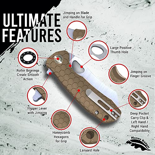 Honey Badger Knife - Flipper Wharncleaver Pocket Knife, EDC Hunting with 3.6" Steel Blade, Nylon+Glass Fiber Handle & Reversible Pocket Clip Medium Tan HB1039 - color: Medium Wharncleaver Tan