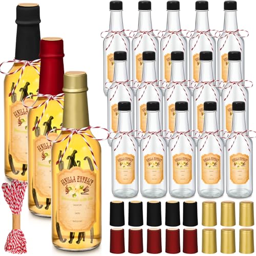 Tioncy 16 Pcs Empty Vanilla Extract Bottles for Homemade Vanilla Jar Glass Bottle with Cap, Shrink Band, Sticker DIY Crafts Wedding Gift Food Storage Canister for Bean(Black, Red, Gold,8.5 oz) - color: Black, Red, Gold, size: 8.5 oz