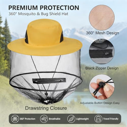 Sucrain Mosquito Head Net Hat Sun Hat Garden Bug Hat with Hidden Net Mesh for Outdoor Gardening Beekeeping - color: Bright Yellow