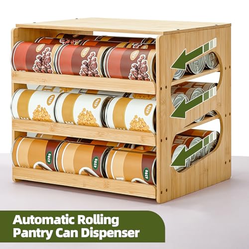 Aminigram Bamboo Rolling Can Organizer for Pantry, 4 Tier Pantry Can Organizers and Storage, Soup Can Organizer for Counter top Kitchen Cabinet