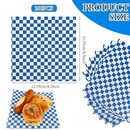 200 Pcs Wax Paper Sheets for Food Deli Wrap Paper Sheets 8.5x8.5"Food Basket Liners Checkered Square Sandwich Wraps for Burgers Bread Restaurant Barbecue Picnic(Blue) - color: Blue