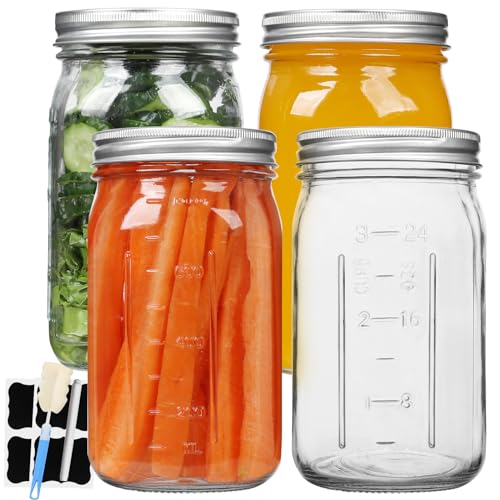 STARSIDE Mason Jars 32oz 4-Pack with Wide Mouth Airtight Lids | 1L Glass Canning Jars with Measuring Marks for Pickles, Jams, Salad, Food Storage, Includes Labels, Pen & Brush