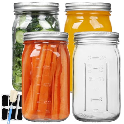 STARSIDE Mason Jars 32oz 4-Pack with Wide Mouth Airtight Lids | 1L Glass Canning Jars with Measuring Marks for Pickles, Jams, Salad, Food Storage, Includes Labels, Pen & Brush