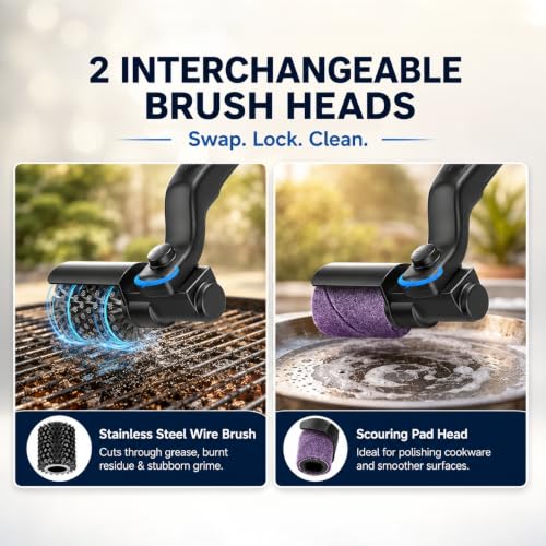 Rechargeable Electric Grill Brush, 3-Speed Cordless BBQ Cleaner with 2 Brush Heads, 8 Adjustable Angles, 360° Splash Shield, Stainless Steel Wire Brush for Gas/Charcoal Grills