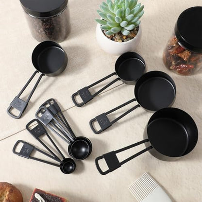 9 PCS Black Stainless Steel Measuring Cups and Spoons Set, Nesting Metal Measuring Cup with Ring Connector for Liquid and Dry Ingredients, Cooking and Baking (Black) - color: Black