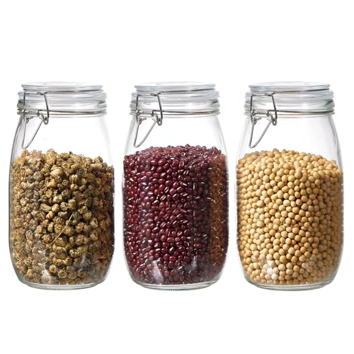 ODBCYWM 51oz Glass Food Storage Jars with Airtight Lids, Set of 3 – Clear Preserving Seal Wire Clip Fastening Canisters for Kitchen Canning, Flour, Cereal, Pasta, Sugar, Beans, Pickling Jars (51oz*3) - size: 51oz*3