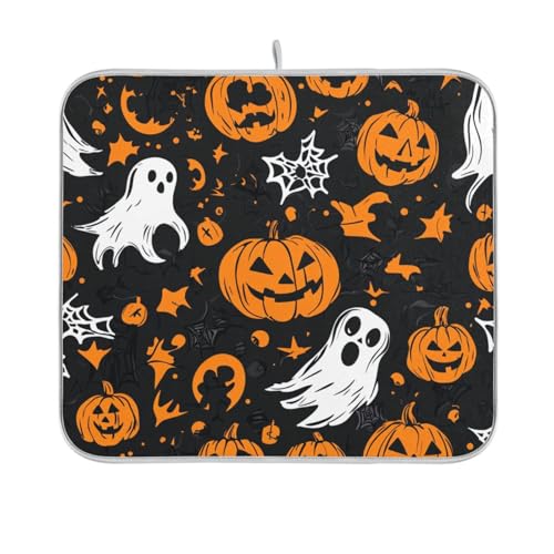 Halloween Ghost Pumpkins Dish Drying Mat for Kitchen Counter Microfiber Absorbent Dish Drainer Rack Mat Small Kitchen Drying Mat Heat Resistant Drying Pad for Counter 18x16 - color: Gothic Funny Halloween Ghost and Pumpkins, size: 16x18in