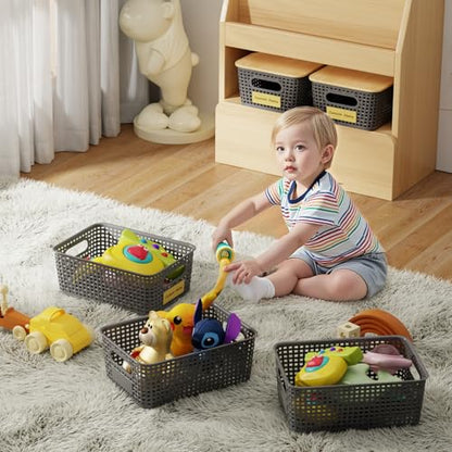 8 Pcs Plastic Storage Bins with Bamboo Lids and Labels 5.29qt Stackable Box Basket Pantry Decorative Containers, Small Storage Baskets for Drawers Organizing Closets Bedrooms Cabinets 10*7.2*4.1" - style: Gray-Bamboo Lid