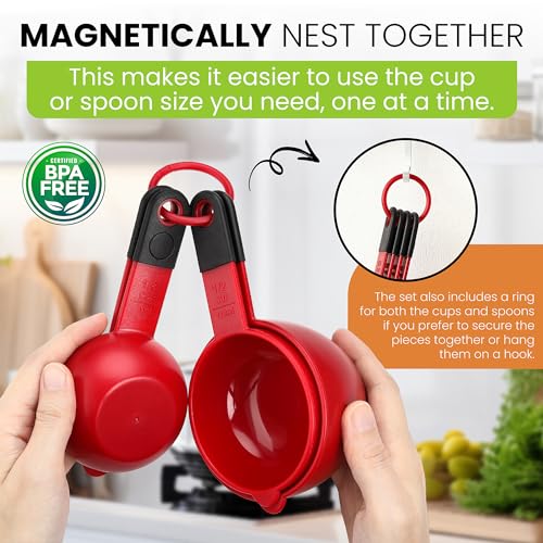 Spring Chef Red Magnetic Measuring Cups and Spoons Set of 9, Stackable Plastic Kitchen Gadget with Easy to Read Markings - Measure Dry or Liquid Ingredients for Baking & Cooking, BPA Free - color: Red