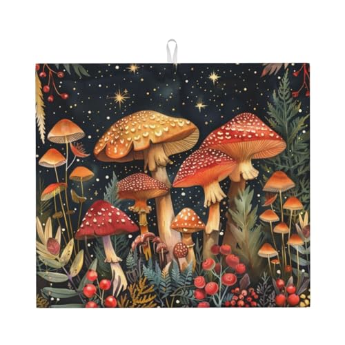 Dish Drying Mat Mushroom Forest Vintage for Kitchen Counter Absorbent 16x18 Inch Microfiber Dishes Plate Glass Dry Draining Pad Reversible Washable - color: A0132, size: 16" x 18"
