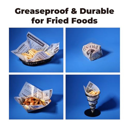 Fit Meal Prep [250 Sheets] 12x12" Deli Paper Sheets, Newsprint Dry Waxed Paper, Waterproof Sandwich Wrapping, Grease-Proof Wax Paper for Food Basket, Picnic, Barbecue, Restaurants, Burgers, Fries - color: Brown-Newsprint