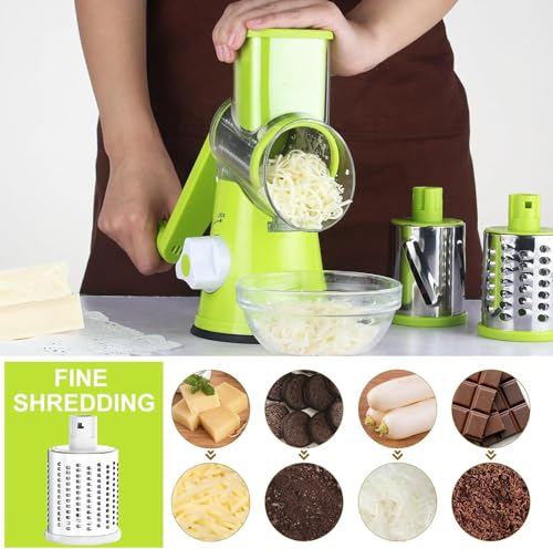 Cambom Rotary Cheese Grater Hand Crank Cheese Shredder for Fresh Cheese, Vegetable, Nuts,Non-slip Suction Base，Three Blades,Green - color: Green, size: 3 BLADES