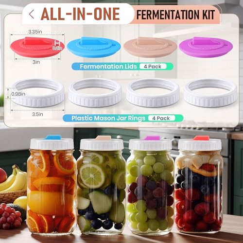 4PCS Mason Jar Fermentation Lids with 4PCS Plastic Mason Jar Rings | 4 colors, 1–31 date dial with a rotatable arrow handle, Air release, Value combo