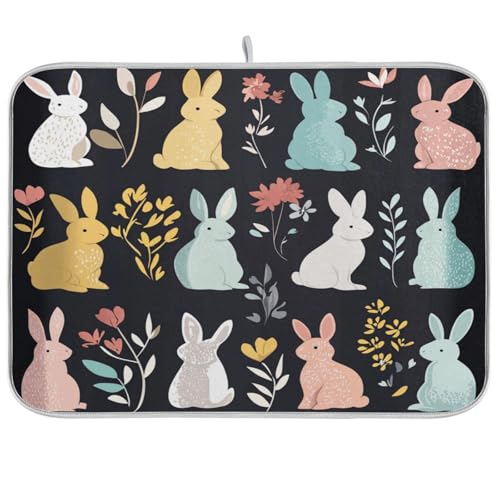 Easter Bunny Rabbits Dish Drying Mat for Kitchen Counter Cute Leaves Microfiber Drying Mats Absorbent Reversible Dish Pad Draining Mats Coffee Mats Decors Medium 16x18 inch - color: easter bunny rabbits, size: 18" x 16"