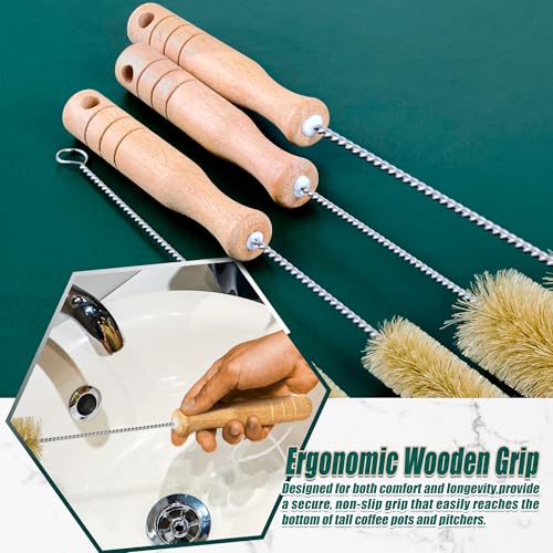 Boar Bristle Bottle Brush Set (4 Pack) - Straw & Water Bottle Cleaner with Long Wooden Handles, Scrubber for Stanley Cups, Tumblers & Jars, 304 Stainless Steel Wire, Kraft Packaging