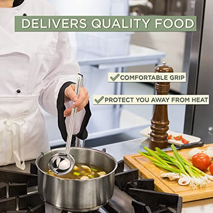 Fit Meal Prep [2 Pack] Stainless Steel Soup Ladle - One-Piece Sauce Spatula w/Hook Handles, Commercial Grade Serving Spoon, Kitchen Tool for Restaurant or Home Cooking, Mirror Finish, 14.25" Long - size: 8 oz