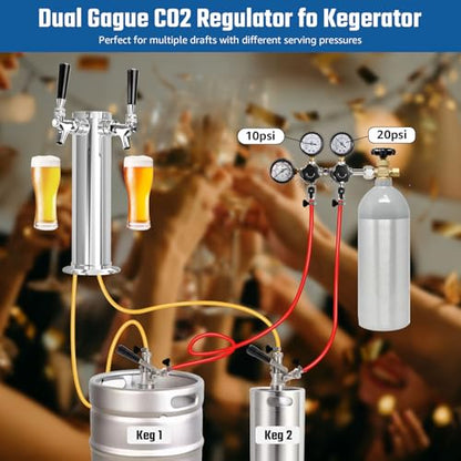 Dual CO2 Regulator for Kegerator CO2 Tank Regulator, CGA-320 CO2 Pressure Regulator with Threaded End Fittings, Two Output Gauges with Swivel Nut 1/4”& 5/16”Barb for Homebrew