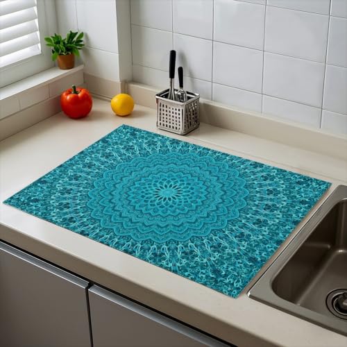 Absorbent Kitchen Dish Drying Mat Quick Dry Heat Resistant Hide Stain for Glasses Coffee Espresso Machines Pots Pans and Dish Racks,18" x 24" Teal Mandala Geometric Pattern - color: Teal Mandala Geometric