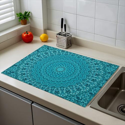 Absorbent Kitchen Dish Drying Mat Quick Dry Heat Resistant Hide Stain for Glasses Coffee Espresso Machines Pots Pans and Dish Racks,18" x 24" Teal Mandala Geometric Pattern - color: Teal Mandala Geometric