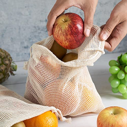 PALTERWEAR 100 Percent Natural Cotton Double Drawstring Mesh Bag For Herbs, Nuts, Fruit, Vegetables (8 x 10 Inch - Set of 5) - size: 8 x 10 Inch - Set of 5