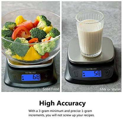 NUTRI FIT Ultra Slim Kitchen Scale Digital Food Weight Scale for Baking Cooking in Grams and Ounces Tare & Backlit LCD Display 11lb 5kg Capacity- Black/Stainless Steel - color: Black