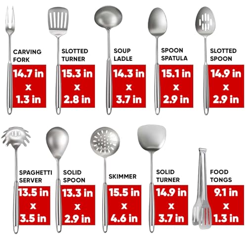 Newness 10 Pcs Cooking Utensils Set,18/8 304 Stainless Steel Kitchen Utensils Set, Metal Kitchen Accessories, Include Soup Ladle, Slotted Skimmer Spoon, Spaghetti Spoon, Spatula, Tongs,Dishwasher Safe - size: 10 PCS Cooking Utensils Set