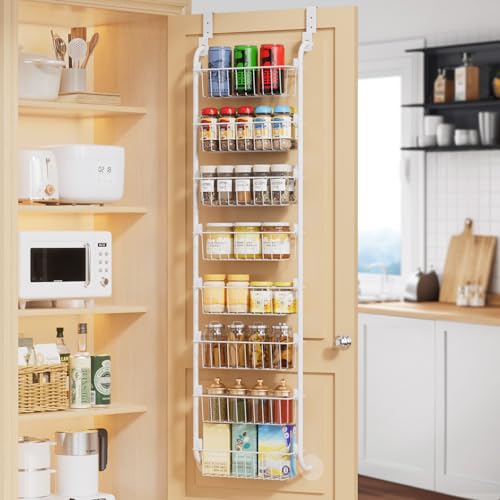 Delamu Narrow Over The Door Pantry Organizer, 8-Tier Metal Pantry Door Organization and Storage for Easy Install, Hanging Spice Rack Shelves, Door Organizer for Kitchen, 4.65"D x 13"W x 65"H, White - color: White, size: 8 Tier-S