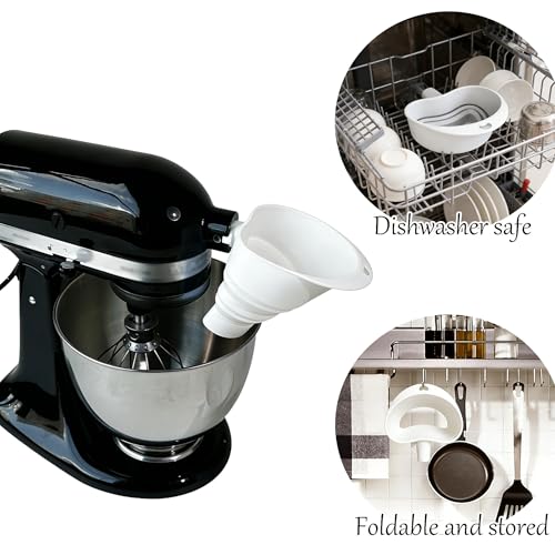 Asix Toy Flour Funnel Compatible with Kichen Aid Mixer,with 2pcs Cord Organizer,Pouring Chute for Artisan KSM150,Foldable Silicone,Easy Pour No-Mess Attachment,Dishwasher-Safe,for Baking and Cooking