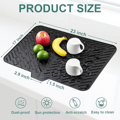 Silicone Dish Drying Mat 23x17,Food-Grade Silicone,Easy Clean Pad for Countertop Protection,Heat Resistant,Easy Clean,Non-Slip Drain Pad with Built-in Drain,Multi-Functional Use,Black - color: Black, size: 23" x 17"
