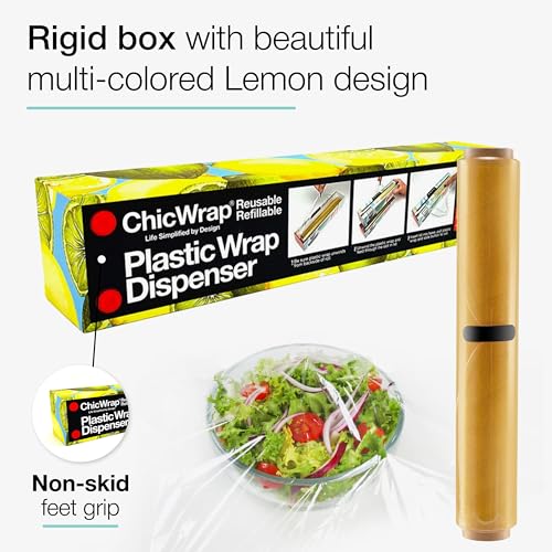 Chicwrap Lemon Refillable Plastic Wrap Dispenser - Includes One 12" x 250' Roll of Professional Grade Plastic Wrap - BPA Free and Kosher Certified - Reusable Dispenser w/Slide Cutter - style: Lemons