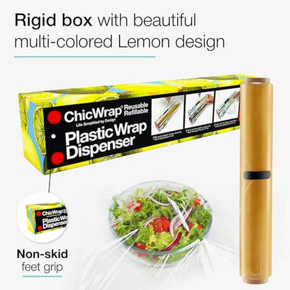 Chicwrap Lemon Refillable Plastic Wrap Dispenser - Includes One 12" x 250' Roll of Professional Grade Plastic Wrap - BPA Free and Kosher Certified - Reusable Dispenser w/Slide Cutter - style: Lemons