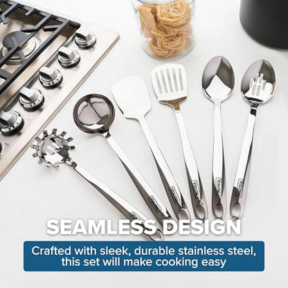 Viking Kitchen Utensils Set, 6 Piece Stainless Steel Cooking Utensil Set, Includes Spatulas, Spoons, Pasta Fork, and Deep Ladle, Hollow Forged, Silver - style: 6-Piece Set