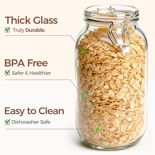 ComSaf 71oz Glass Canisters with Airtight Clamp Lids (Set of 3), 2.1L Large Fermentation & Pantry Jars for Bulk Food Storage, Ideal for Flour, Sugar, Sourdough Starter, and Pickling - 2.2 Quart - size: 71oz*3