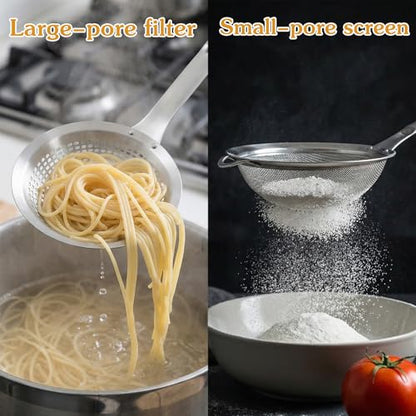 2 Pieces Spider Strainer Skimmer Spoon Set, Fine Mesh Stainless Steel Metal With HoleSieve Food Strainer Grease Spider Skimmer, Large Hole Slotted Colander Frying Spoons Set With Handle for Cooking