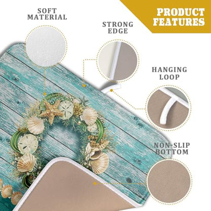 Hello Summer Dish Drying Mat for Kitchen Counter,Sea Shell Starfish Coastal Wreath Drying Mat 16 x 18 Inch with Absorbent Reversible Microfiber Drying Pad for Coffee Bar - size: 16" x 18"