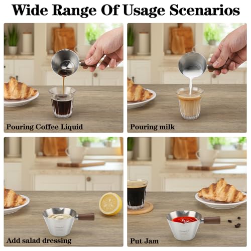 Mongdio Espresso Measuring Cup, Stainless Steel Espresso Shot Cups with Wooden Handle and Double Spouts, 3.4OZ/100ML, Silver - color: Silver, size: 3.4oz