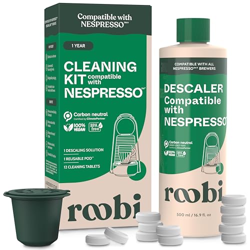 Roobi Descaling and Cleaning Kit Compatible with Nespresso Originaline. Includes 1 Bottle of Descaling Solution, 12 Cleaning Tablets and 1 Reusable Pod. Carbon Neutral. 1 Year Supply. - style: Descaling & Cleaning Kit