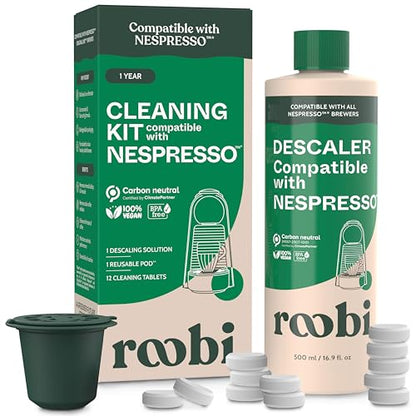 Roobi Descaling and Cleaning Kit Compatible with Nespresso Originaline. Includes 1 Bottle of Descaling Solution, 12 Cleaning Tablets and 1 Reusable Pod. Carbon Neutral. 1 Year Supply. - style: Descaling & Cleaning Kit