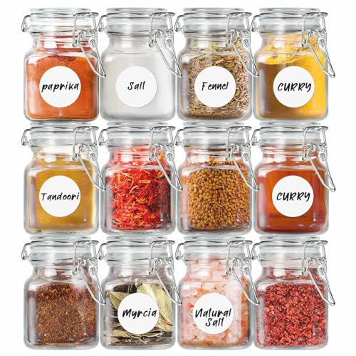 SKOCHE Spice Jars 20 Pack Small 4 oz Glass Jars with Airtight Hinged Lids, Spice Herb Jars with Labels and Silicone Funnels, 4oz Glass Jars with Lids Ideal for Spice Herbs - size: Small