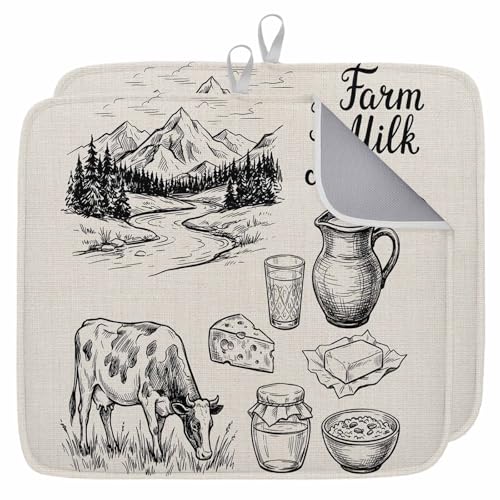 Farm Milk 2 Pack Dish Drying Mat for Kitchen Counter 16''x18'' Graffiti Cow Cartoon Cheese Gray Pastoral Landscape Absorbent Dish Bowl Dishes Drainer Mat Reversible Drying Rack Pad for Coffee Bar - color: Beige, size: 16"W x 18"L (Pack of 2)