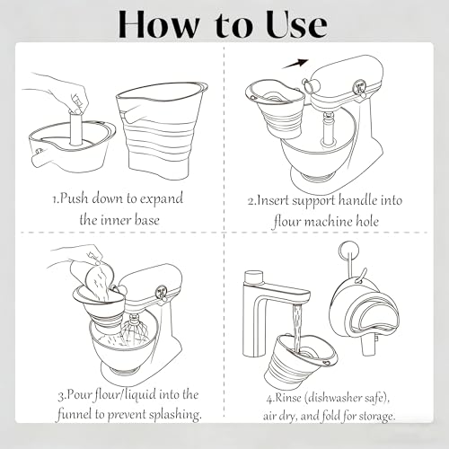 Asix Toy Flour Funnel Compatible with Kichen Aid Mixer,with 2pcs Cord Organizer,Pouring Chute for Artisan KSM150,Foldable Silicone,Easy Pour No-Mess Attachment,Dishwasher-Safe,for Baking and Cooking