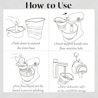 Asix Toy Flour Funnel Compatible with Kichen Aid Mixer,with 2pcs Cord Organizer,Pouring Chute for Artisan KSM150,Foldable Silicone,Easy Pour No-Mess Attachment,Dishwasher-Safe,for Baking and Cooking